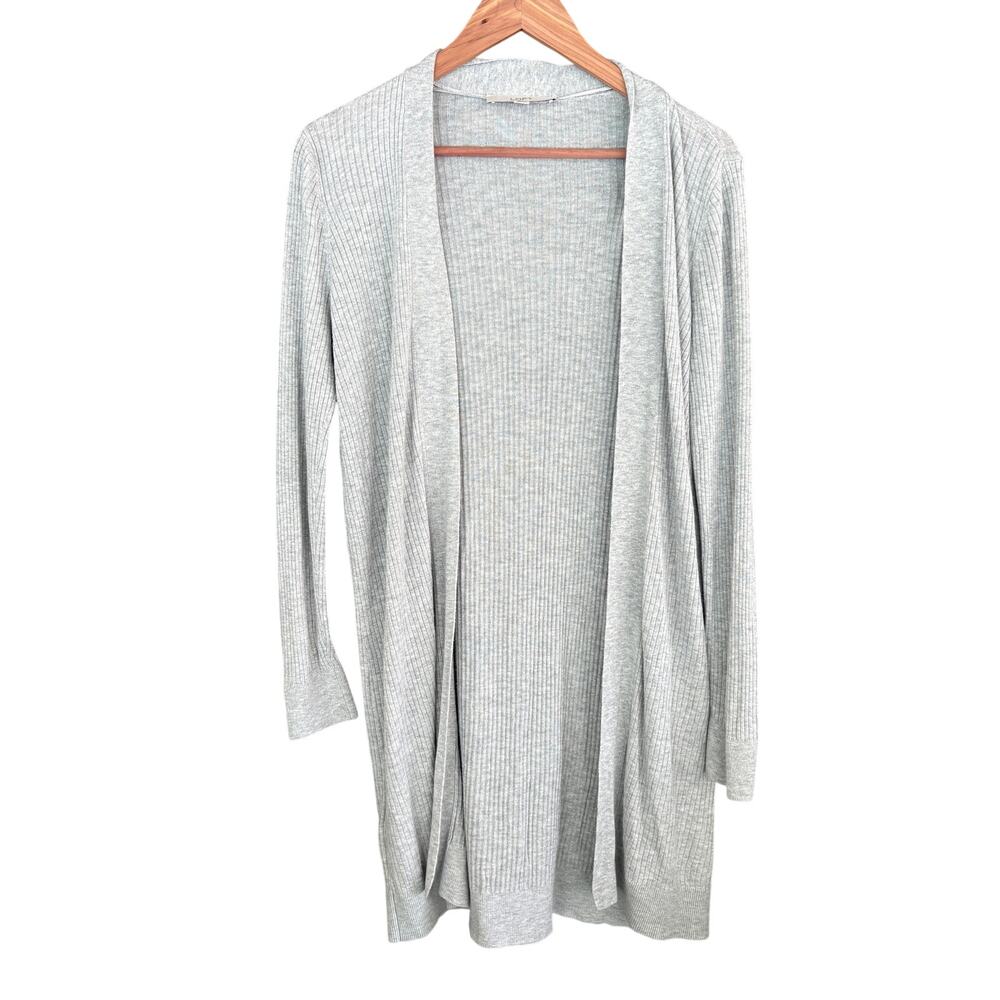 LOFT Ribbed Knit Cardigan M Gray Sweater Open Front Long Line Lightweight